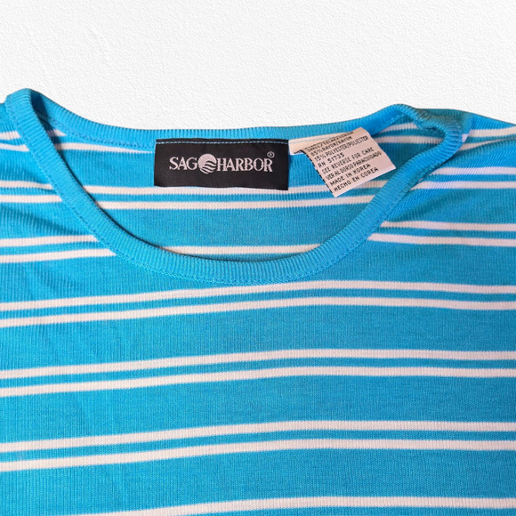 Y2K Vintage Blue White Striped Deadstock Crewneck Cut Sewn Knit T-Shirt Size XL - Picture 2 of 9